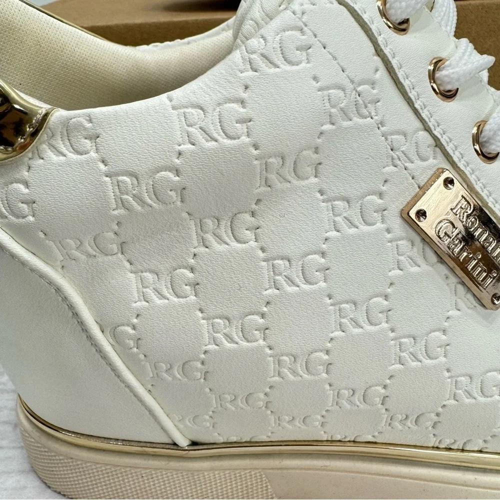 Renato Garini Step Up Your Game White & Gold High Top Wedge Sneakers NEW